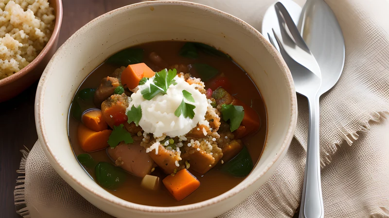 A small glazed clay pot of dark red pork and pepper stew with a baked egg on top, sitting on a wooden board