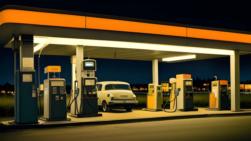 A lit petrol station at night at the mouth of an impossible highway