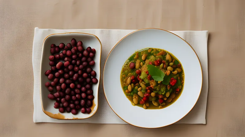 Dry ker sangri curry of shrivelled berries and beans in a shallow brass pan