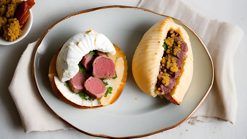 A golden baked Edam cheese shell sliced open to reveal spiced meat filling studded with raisins and olives