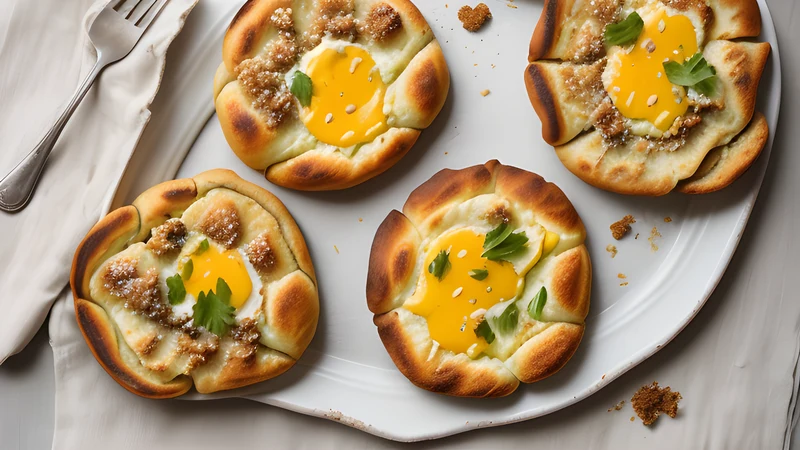 A round golden cheese-stuffed Georgian bread torn open to show the melted cheese inside