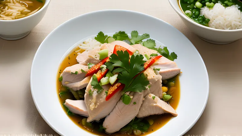 Sliced poached chicken over glossy rice with cucumber, coriander and a dark dipping sauce