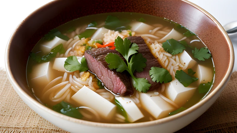 A deep bowl of sour beef and rice soup flecked with coriander and ground walnut