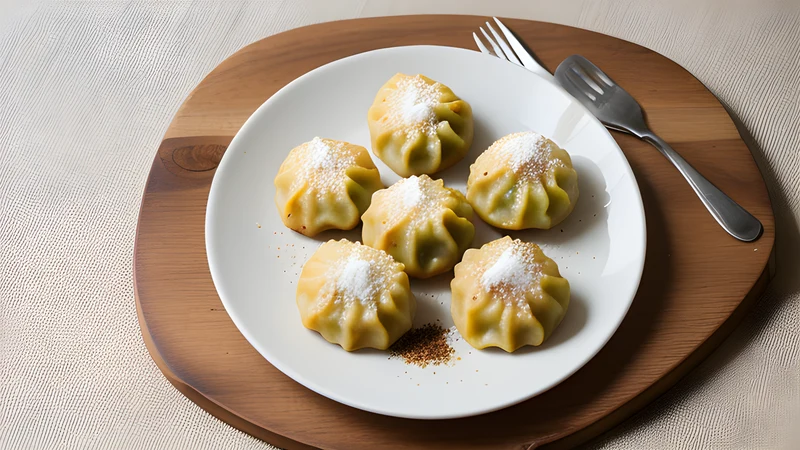 Pleated Georgian khinkali dumplings dusted with coarse black pepper on a wooden board
