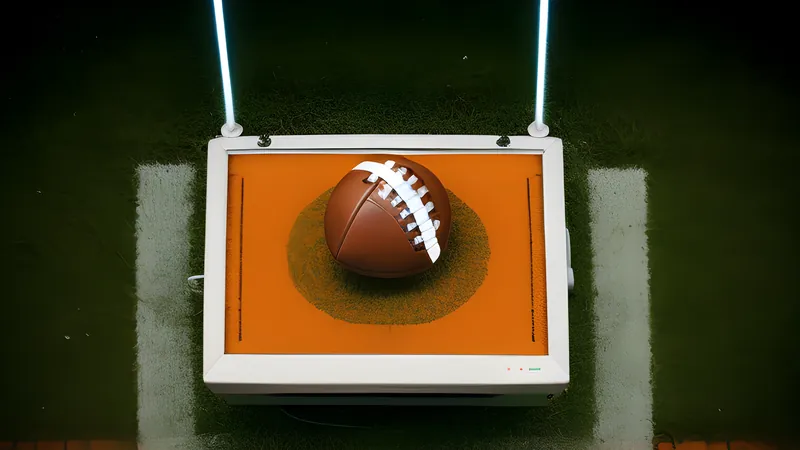 A tiny pixel football pitch viewed from directly above under stark floodlight glow