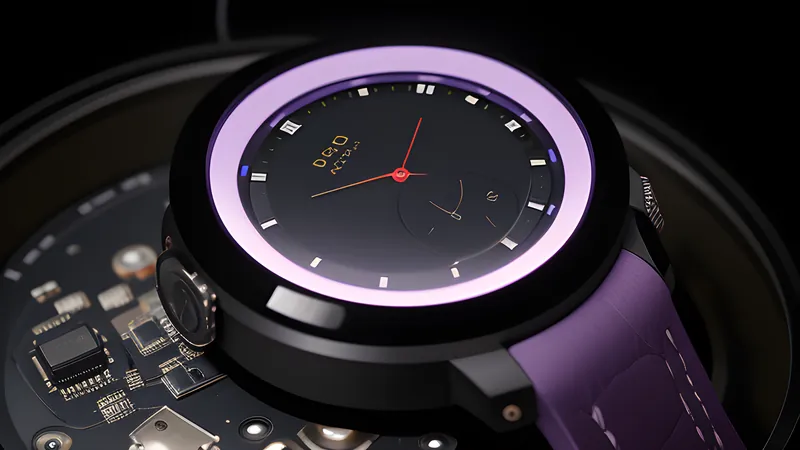 A small invented chunky smartwatch body with a rounded bezel, a tiny camera lens and a glowing screen