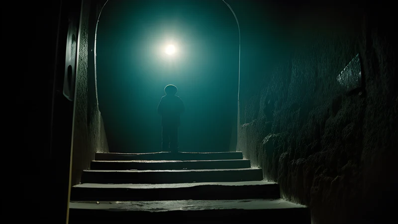 A child's white ball bouncing down a curved stone staircase in green light, rendered as a repertory cinema poster in teal and amber