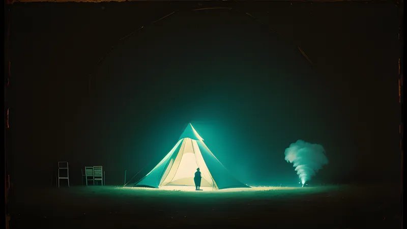 A circus big top glowing on a dark hillside with a beam of light spilling from its peak, repertory-cinema poster in teal and amber
