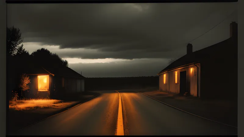 A lone rider on a medieval road under a grey, realistic sky
