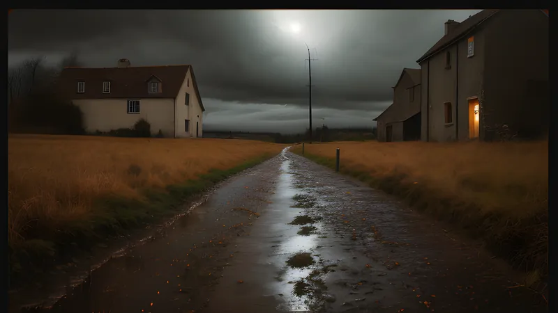 A muddy medieval village path beneath a heavy overcast sky