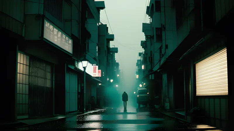 A handheld camera tilt across a rain-slick Hiroshima backstreet smeared with neon, teal and amber repertory poster style