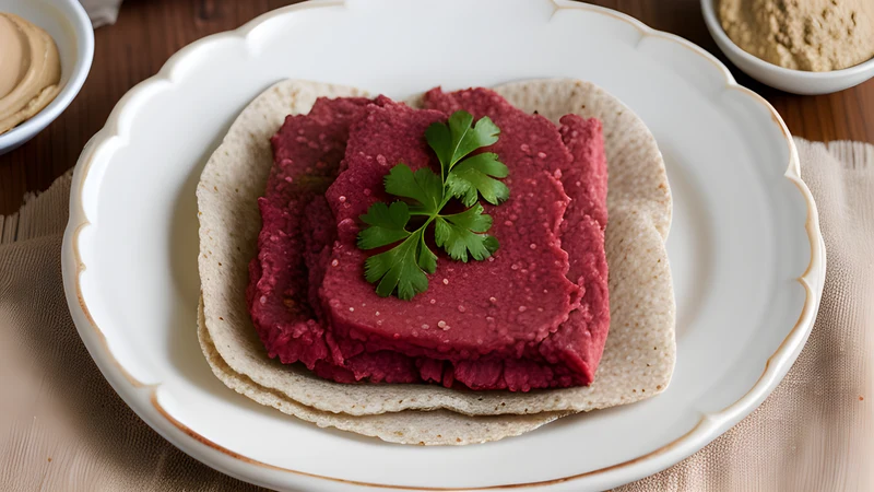 Minced raw beef kitfo seasoned with red mitmita and spiced butter, served with greens and cheese on injera