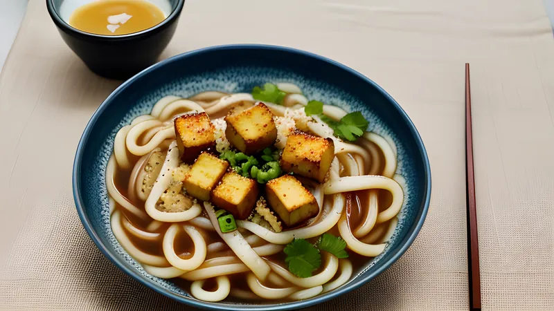 A bowl of kitsune udon with a sweet simmered aburaage tofu pouch over noodles in clear broth