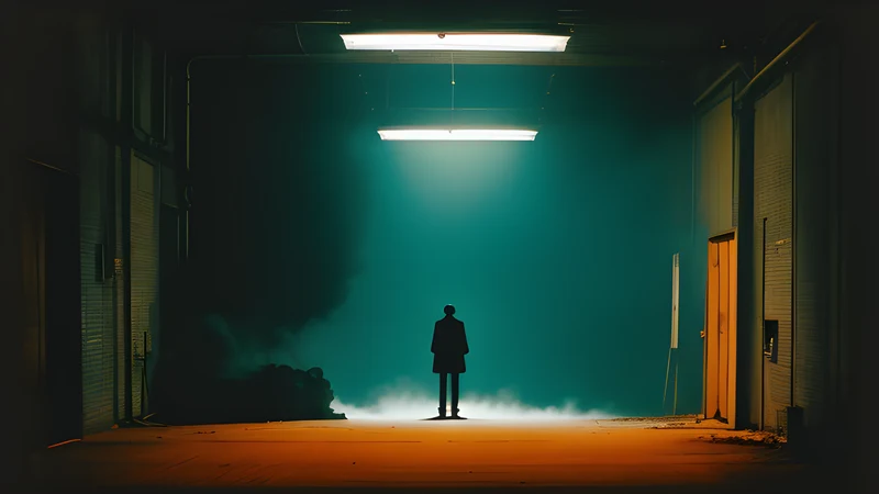 A lone figure dissolving into shadow at the end of an empty industrial corridor while a pale curtain billows in teal and amber light
