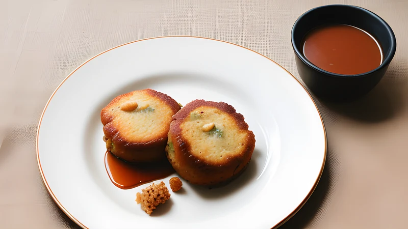 Four large browned meat cakes under glossy dark gravy with boiled potatoes, stewed peas and a spoonful of red lingonberry