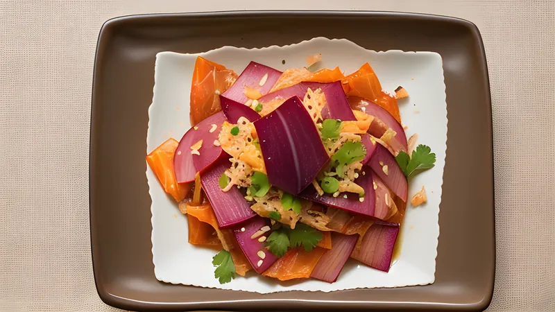 A bowl of red cubed radish kimchi, kkakdugi, glistening with chilli paste