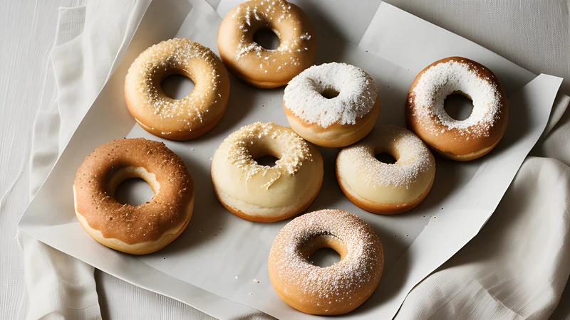 A pile of golden twisted diamond-shaped doughnuts on brown paper, sugar scattered around them