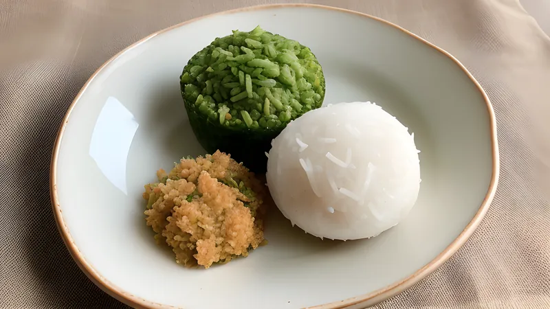 Green klepon rice balls halved to show molten palm sugar centre, rolled in shredded coconut