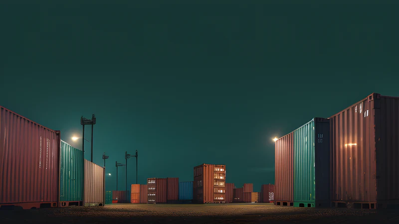 Two control towers overlooking the same yard of glowing shipping containers