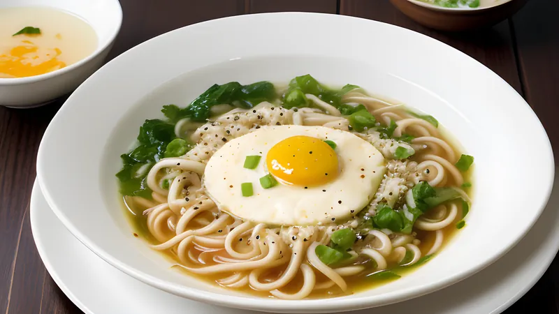 A bowl of wheat noodles in pale chilled soy milk broth topped with cucumber and tomato