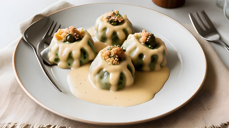 Pale veal dumplings in a creamy white caper sauce with boiled potatoes and beetroot on the side