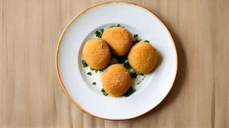 Golden panko-crusted potato croquettes stacked on a plate with shredded cabbage