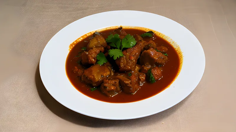 Dark, glossy slow-fried mutton pieces in a thick reduced onion gravy in a kadai