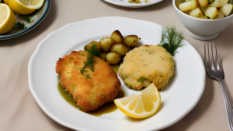 A golden breaded pork cutlet on a plate with boiled potatoes, dill and a lemon wedge