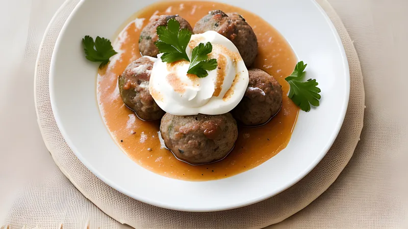 Small browned meatballs in cream gravy with mashed potato and a spoon of lingonberry jam