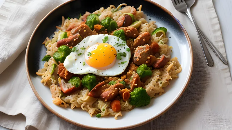 Chopped kottu roti with egg and vegetables fried on a flat griddle