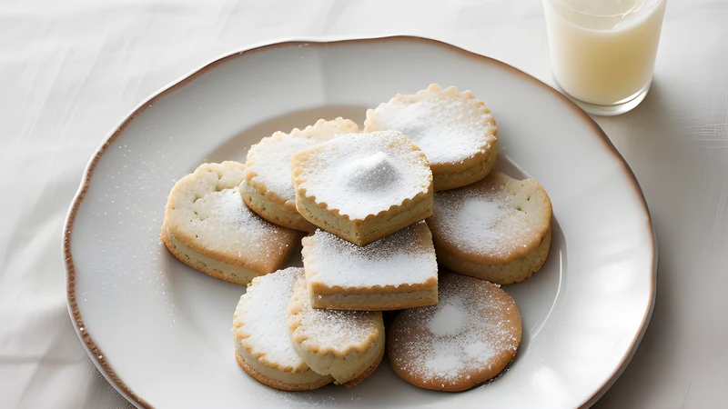 Domed almond biscuits buried under thick icing sugar on a linen cloth