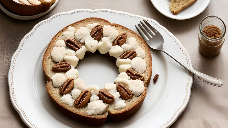 A golden twisted bread wreath on baking parchment, cinnamon layers showing along the cut edges, flaked almonds scattered on top