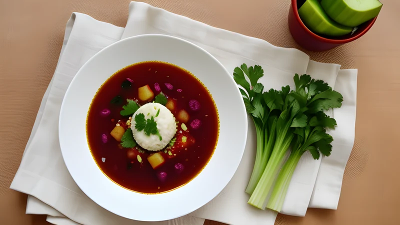 A bowl of deep crimson beetroot broth with pale semolina dumplings, sliced beetroot and celery, garnished with fresh herbs