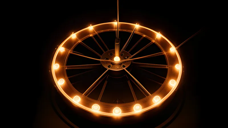 An ornate orchestration wheel endlessly turning a single small glowing loop of light at its centre
