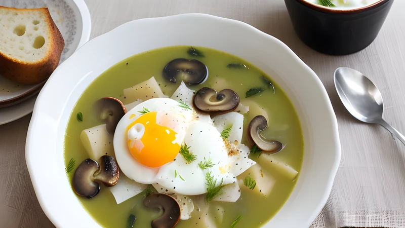 A bowl of pale creamy dill soup with sliced mushrooms, potato cubes and a poached egg with a broken yolk