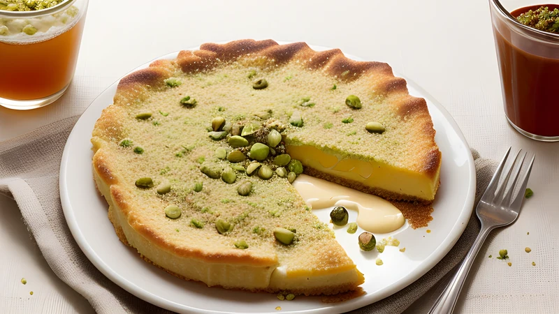 Golden shredded kadayıf pastry over melting cheese soaked in syrup, crushed pistachio scattered on top
