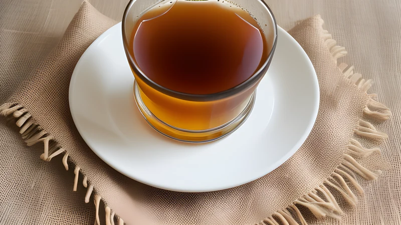 A glass jug of dark brown kvass beside toasted rye bread crusts and scattered raisins on a linen cloth