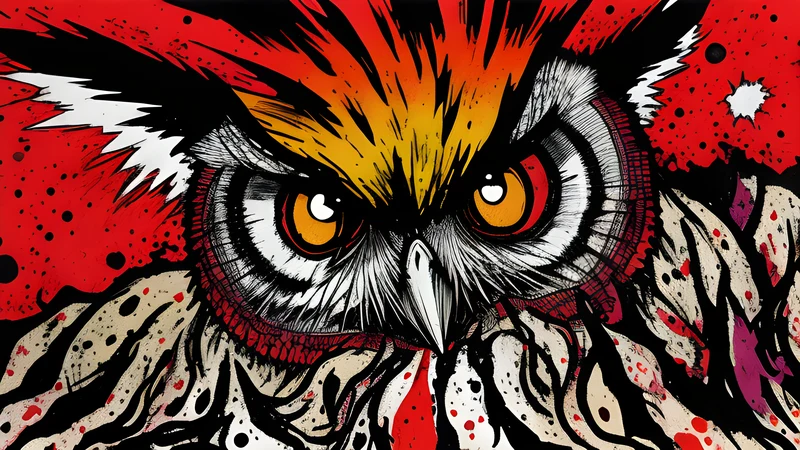 A wild six-piece band mid-riot on stage with a great horned owl totem overhead, bold editorial ink with crimson spot colour