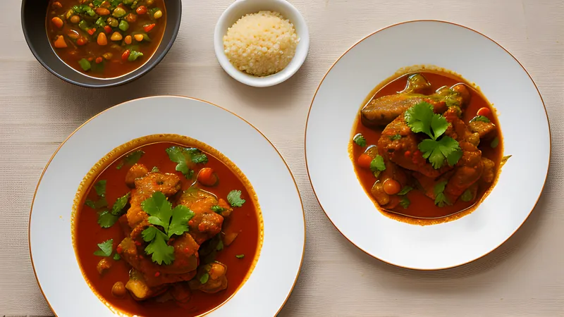 Deep red mutton curry in a blackened pan, glossy with ghee and dried chilli