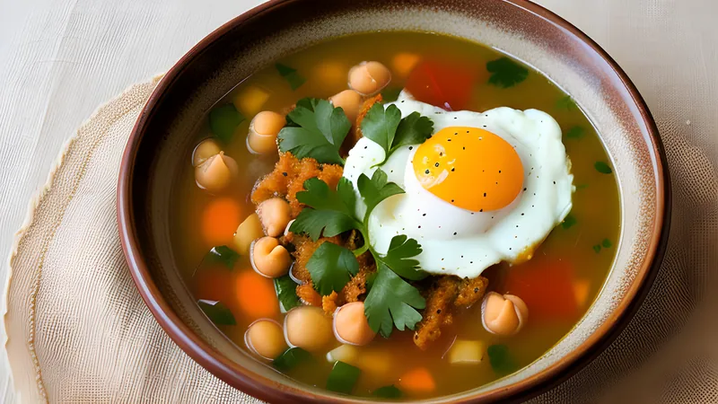 A bowl of golden cumin chickpea soup over torn bread, topped with a soft poached egg and a spoon of harissa