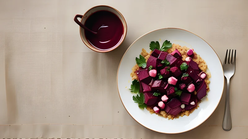 A plate of bright pink potato and beef hash topped with a fried egg, a rolled herring and gherkins
