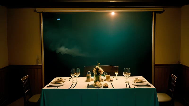 A formal dinner table with a cow lying on a bed behind it, rendered as a grainy repertory cinema poster in teal and amber