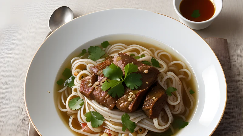 A deep bowl of hand-pulled lagman noodles under a lamb, pepper and tomato sauce, scattered with fresh coriander