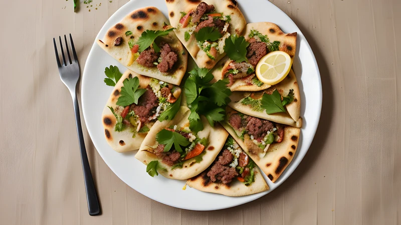Thin Turkish lahmacun flatbreads topped with minced lamb and parsley, with lemon wedges