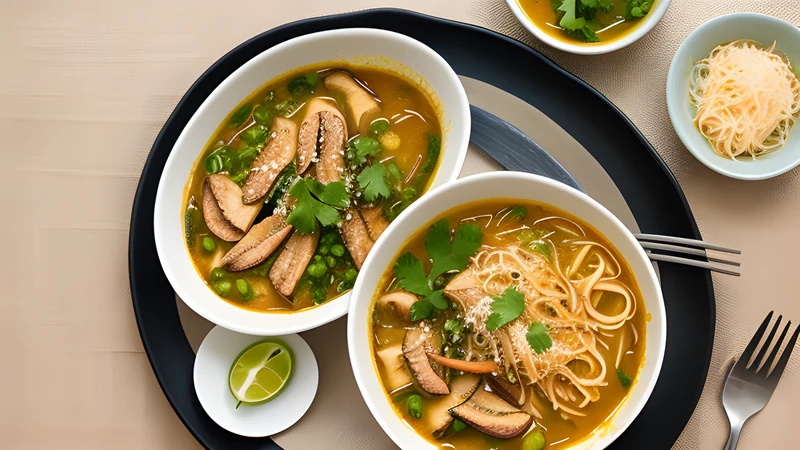 Two bowls of laksa side by side, orange coconut Sarawak laksa and dark tamarind Penang assam laksa