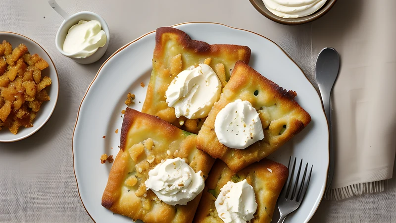 A golden blistered disc of fried flatbread topped with soured cream and a drift of grated cheese, on greaseproof paper