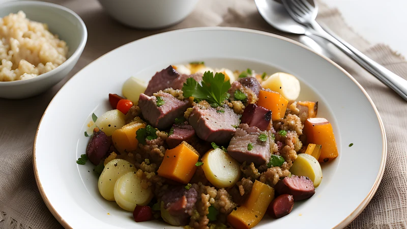 Deep bowl of thick brown lapskaus with visible chunks of potato, carrot and beef, a spoon standing in it, flatbread alongside