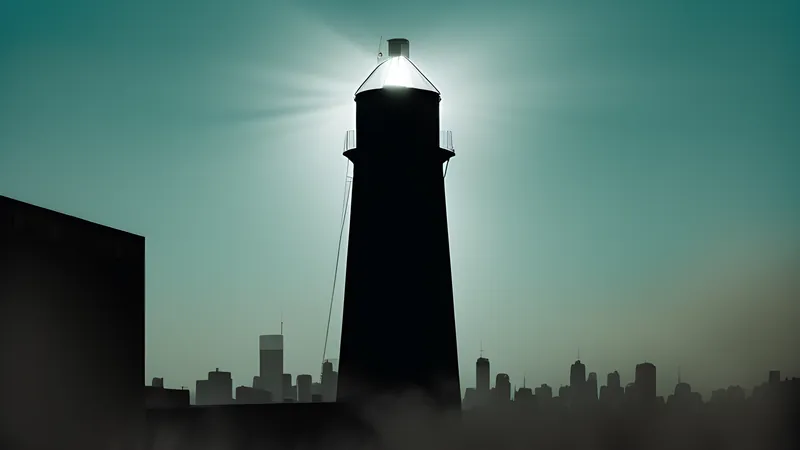 A Manhattan rooftop water tower at dusk with a vast winged shadow crossing the skyline
