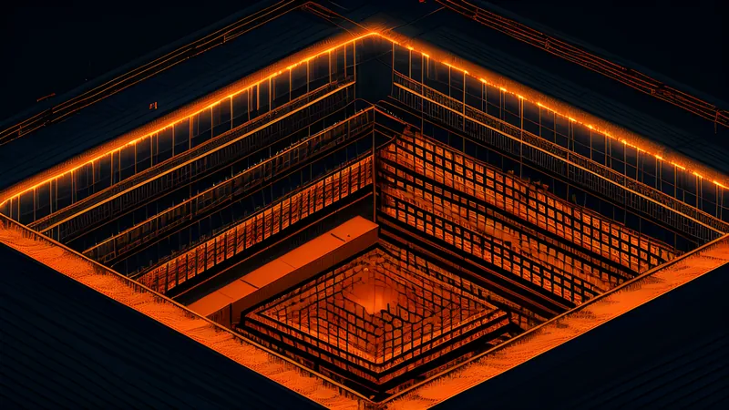 A diagonal lattice of floating tiles receding into darkness under amber CRT phosphor bloom