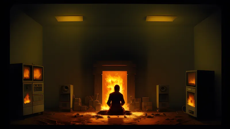 A lone ninja standing before a burning isometric temple courtyard, lit in amber phosphor glow